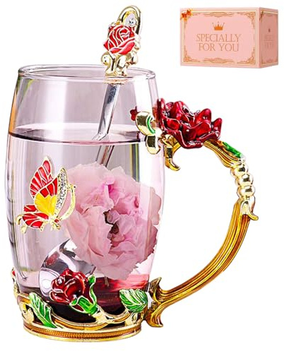 DasyFly Birthday Gifts For Women,Enamel Butterfly Flower Glass Tea Cup Rose Red Coffee Mug,Cute Gifts For Mom Grandma Women Wife Female Friend on Mothers day Anniversary Christmas Valentines