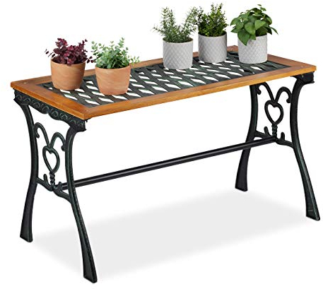 Relaxdays Mesa Terraza Rectangular, Jardín y Balcón, Vintage, Madera, Hierro Fundido, 58x98x47cm, Marrón Natural y Negro