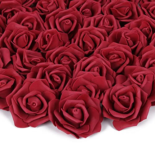 Artificial Rose Flower Heads, INSUNSIX 100pcs Burgundy Fake Roses Artificial Flower Foam Rose Heads for DIY Wedding Bouquets Centerpieces Arrangements Party Baby Shower Home Decor (Stemless, Burgundy)