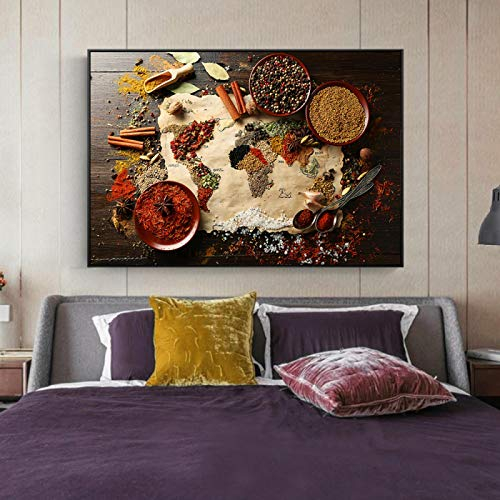Küche Zimmer Wanddekor - Wandkunst Bild Weltkarte von Kräutern und Gewürzen Leinwand Kunst Poster und Drucke Küche Thema Malerei 70x100cm (28x39in) mit Rahmen
