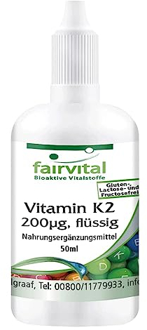 Fairvital | Vitamina K2 liquida 200 µg per 10 gocce - 50ml per 1/2 anno - Altamente dosata - Menachinone naturale MK-7 da Natto - Vegan