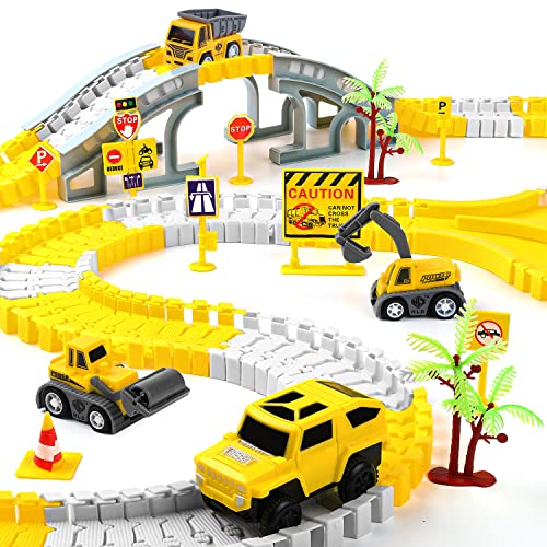 BBLIKE 255 PCS Construction Race Tracks Toy for 3 4 5 6 7 Age Year Old Boys Girls, 3 Trucks 1 Race Cars and Flexible DIY Track Set Create A Engineering Road Games Presents Toddler Toys Birthday Gifts