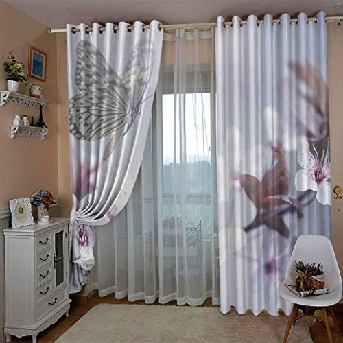 ZAPVI Fenster Vorhang Schlaufen-Vorhang Blumen & Schmetterlinge Dekorative Gardine Schlaufenschal Fenster-Schal 2er Set Größe:2 x B110 x H215cm