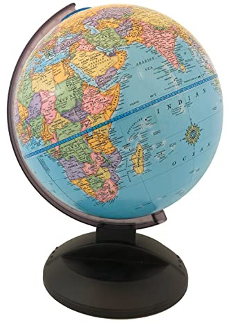 New Castle 9 Diameter Globe, USA Cartography with Mountain Relief, Sturdy Black Plastic Base and Blue Ocean Globe Ball. The New Castle globe is lightweight and durable. Standing 12″ tall this blue ocean globe is a great tool for high school and college students. The smoke black plastic base and semi-meridian are scratch resistant and strong. This up to date 9” diameter globe is the perfect size for a bedroom, dorm room or office setting.