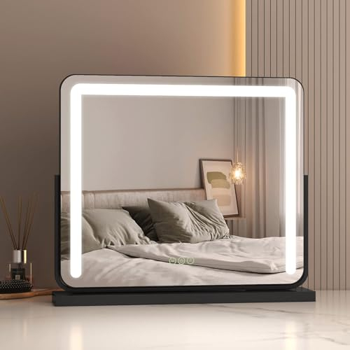 EMKE Hollywood Spiegel mit 3 Lichtfarben, Schminkspiegel mit Beleuchtung, 2-in-1 Tischspiegel & Wandspiegel, Schminktisch Spiegel, Einstellbare Helligkeit mit Memory-Funktion 60x52cm (Schwarz)