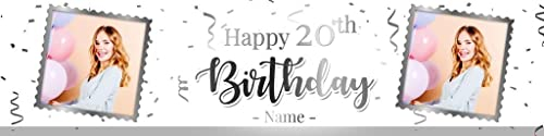 Benutzerdefinierte Geburtstagsbanner mit Bild Name Alter Personalisierte Happy Birthday Banner mit Fotos Party Hintergrund Wanddekorationen 1,8 m x 0,6 m (Grau)