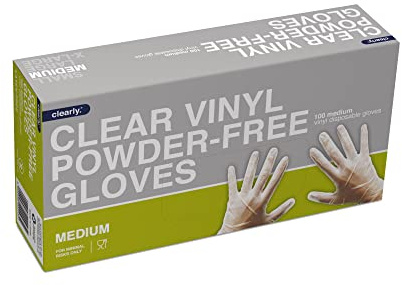 Clearly | Clear Vinyl Powder-Free Latex-free Gloves, disposable gloves, Multi purpose & extra strong, Box of 100 Blue (Clear, Medium)