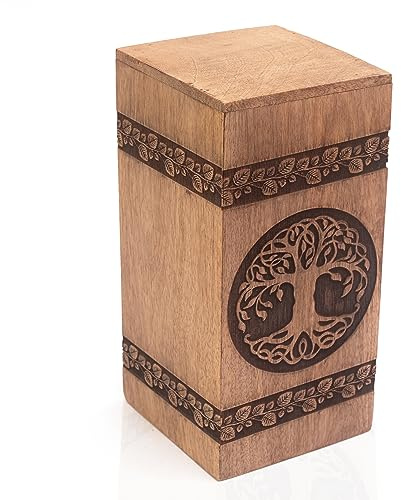Beautifully Hand Engraved Wooden Urn Box For Human Ashes Funeral Cremation Burial Casket Keepsake Ash Scatter Box Male Female Adult Tree Of Life Decor Lifelong Memorial Columbarium 12 x 12 x 25 cms