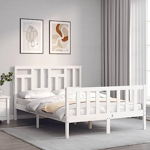 Tidyard Bettgestell mit Kopfteil Holzbett Gästebett Futonbett Bett Bettrahmen Doppelbett/Einzelbett Schlafzimmerbett Palettenbett, Jugendbett mit Lattenrost, für Schlafzimmer, Weiß 4FT Small Double
