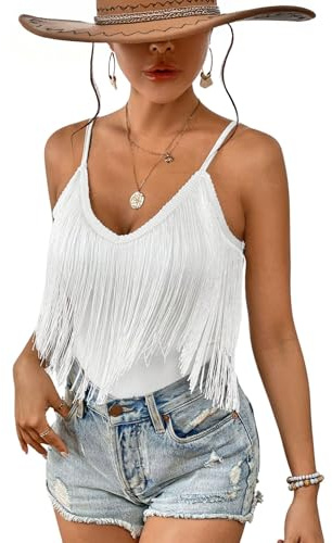 Ladies Fringe Cowgirl Tank Top - Festival Country Concert Outfits for Women | Sexy V Neck, Sleeveless, Tassel, Adjustable Spaghetti Straps, Nashville Western Tops, Summer Rodeo Vest, Black Cowboy Shirt