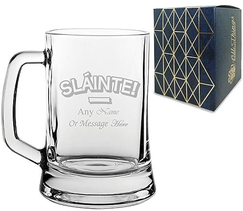 Personalised Engraved Novelty Beer Mug Tankard Stein with Slainte Design, Add a Personalised Message, Gift Box Included, Laser Engraved, Gift for Dad Grandad Uncle Friend Colleague