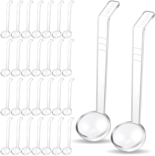 FoldTier Lot de 30 petites louches en plastique transparent de 17,8 cm, 28,3 g, mini louches à sauce en plastique à long manche pour servir des vinaigrettes, des soupes, des punch, des jus de fruits,