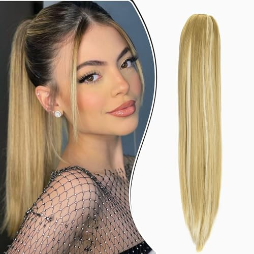 Dcbaboo Ponytail Extension Pferdeschwanz Haarteil Zopf Extension mit Klammer Gerade Lang Haarverlängerung Zopf Clip Synthetik Glatt Pferdeschwanz Haarextension, 50cm Sandy Blonde & Bleichblond