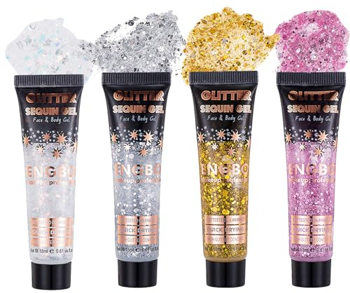 EnMart Glitzer Gesicht Body Glitter Gel, Body Glitter Gel Gold 4 Stück, Festival Glitter Gesicht für Haare Nägel Face Make Up, Körper Glitzer, Face Glitters Body Gel Sequins Shimmer Liquid Eyeshadow