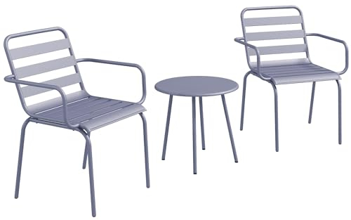 Outsunny 3tlg. Bistroset Gartenmöbel Set mit 1 Couchtisch, 2 Stapelbaren Stühlen, Balkon-Set, Sitzgruppe für Balkon, Terrasse, Stahl, Hellgrau