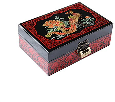 Holzschmuck-Aufbewahrungsbox mit Schloss und Schlüssel, handbemalte Gravur, Organizer-Etui für Frauen und Mädchen, für Ohrringe, Armbänder, Ringe, Uhren (Farbe: D) (E)