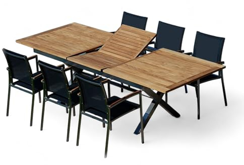 ALEOS. Gartengarnitur Edelstahl Teak Set: Ausziehtisch 200-260x100 cm + 6 Sessel stapelbar Edelstahl Teak Gewebe schwarz Sitzgruppe A-Grade Teak Holz - Gartenmöbel Set 6 Personen Gastronomie Qualität