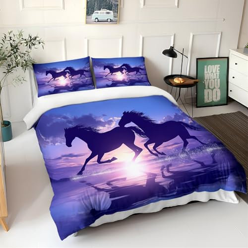 Pferde Sonnenuntergang Bettwäsche Sets 135 x 200 cm Bettbezug Für Jungen Mädchen,Bettbezug Sets aus Mikrofaser Bunt mit Reißverschluss + 2 Kissenbezug 80x80cm