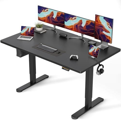Claiks Höhenverstellbarer Schreibtisch 160 x 80 cm (FSC®), 80KG Tragkraft Schreibtisch Höhenverstellbar mit 2 Haken und 3 Memory-Funktion, Standing Desk mit Leiser Motor für Home Office, Schwarz