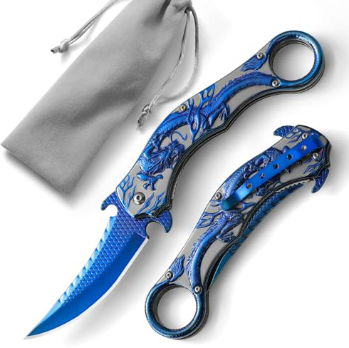COOL PARD EDC Pocket Knife, 3.5 Cool Folding Knife with 3D Dragon Retro Embossed Pattern, EDC Knife with Pocket Clip and Liner Lock, Knife Gifts For Men Women, Sharp Camping Survival Hiking Knives (Blue)