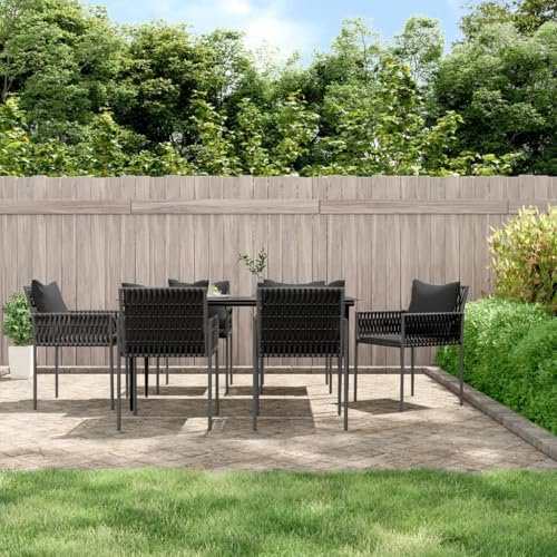 KTHLBRH 7-TLG. Garten-Essgruppe mit Kissen Poly Rattan und Stahl Gartenmöbel-Sets Terrassenmöbel-Sets Balkonmöbel-Sets Outdoor-Möbel-Sets für Terrasse, Garten, Balkon
