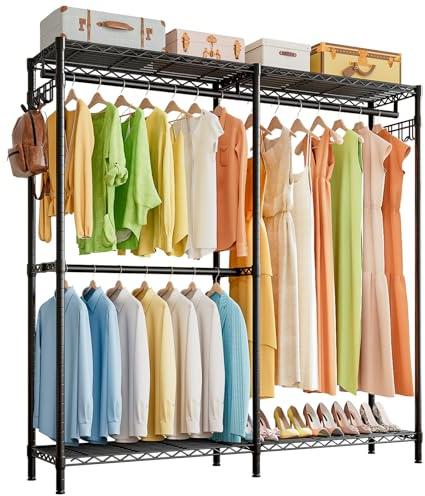 Uptyia Perchero Burro Resistente Esquina, Armario Abierto Portátil con 3 Barras y 2 Ganchos, Perchero Metálico Ajustable en L o Lineal, Organizador Ropa Carga Pesada 365KG, 145 x 40 x 190 cm, Negro