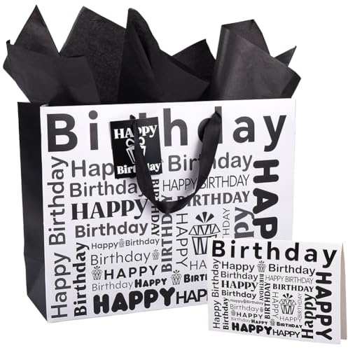 SOFPLATE 13 x 10 x 5 Zoll Happy Birthday Geschenktüten Set Schwarze Und Weiße Einkaufstüten Mit Seidenpapier Rechteckig Strapazierfähig Geschenk Grußkarte Großes Geschenkpapier Für Männer Und Frauen G