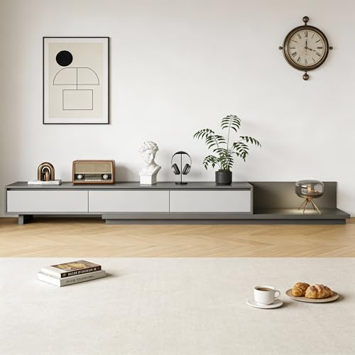 LumivoxNest Extendable TV Unit with 3 Drawers, Adjustable Length 200-330cm (78.7-130) Floating media unit, Walnut TV Stand for 65 Inch TVs, Space-Saving Grey Media Unit for Living Room & Bedroom
