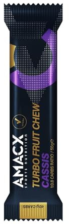 AMACX Turbo Energy Fruit Chew con 51% de Fruta – Paquete de 12 – Barritas Energeticas Ciclismo y Running con Electrolitos – Vegano, Sin Gluten – 40g Carbohidratos, Relación 1:0,8 – Casis