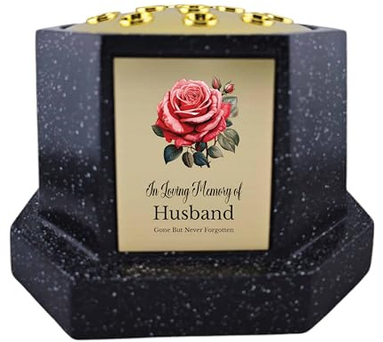 In Loving Memory Of Memorial Octagon Rose Bowl Grave Marker Flower Pot Vase With Rose Design Mum Dad & Lots More Black/Gold (UV PRINTED) (Husband)