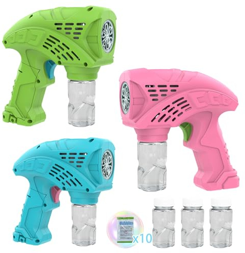 PANACARE 3 Pack Kids Bubble Gun, Automatic Bubble Machine with 3 Bottles of 10 Bags of Refill, Glowing Bubble Gun for Toddlers, for Party Favors, Summer Toys, Birthdays, Outdoor and Indoor Activities