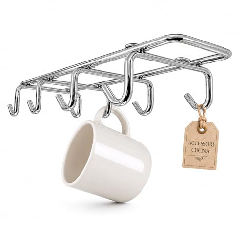 Galvanoplastica Porta Tazze da Appendere Premium | Organizer Cucina Salvaspazio Cromato - per Tazzine da Caffè, 8 Ganci - dal Design Elegante e Struttura Professionale ad Alta Resistenza
