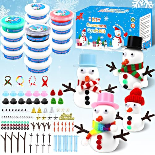 Lupxiu DIY Schneemann Bastelset, 16 Stück Weihnachts Bastelset für Kinder mit Lufttrocknender Knete,Zubehör wie Hüte,Schals & Knöpfe,Kreative Weihnachtsdekoration,Partyspiele & Geschenkideen