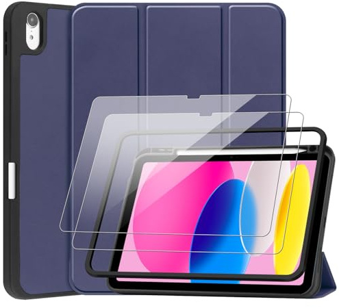 Cover Per iPad (A16) 11 Generazione 11 Pollici 2025/iPad 10 Generazione 10,9 2022, TPU Flessibile con Portapenna, Auto Svegliati/Sonno con Uno 2 Pezzi Temperato Pellicola Protettiva - Blu