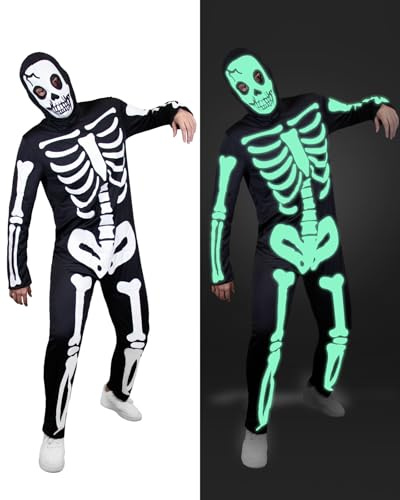 Funidelia Déguisement de squelette qui brille dans le noir pour homme, Squelette, Tête de mort - Costume pour Adultes pour les fêtes, le Carnaval et Halloween