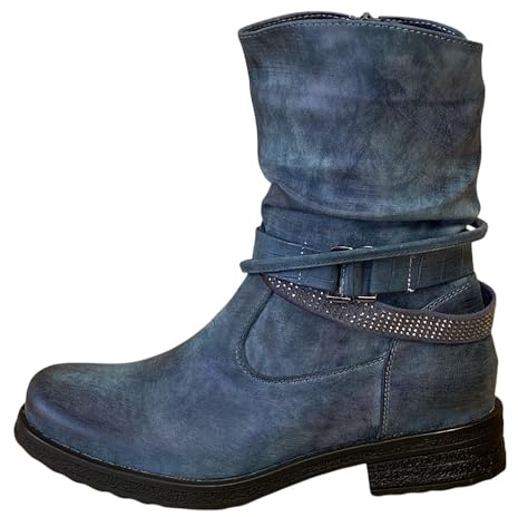 Pogolino Damen Stiefeletten Nieten Biker Boots Glitzer Stiefel leicht gefüttert 1573 Blau 39