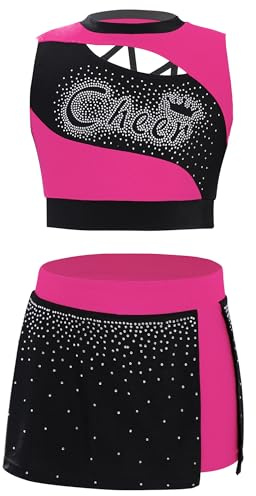 Linjinx Kids Girls Cheerleading Uniform Outfits Shiny Rhinestone Crop Top and Mini Skirt Set Halloween Cosplay Gifts Hot Pink 8 Years