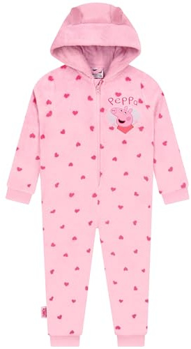 Peppa Pig Grenouillere Enfant, Pyjama Combinaison Enfant en Polaire avec Oreilles 3D, Surpyjama Fille Motif Coeurs, 6-7 Ans