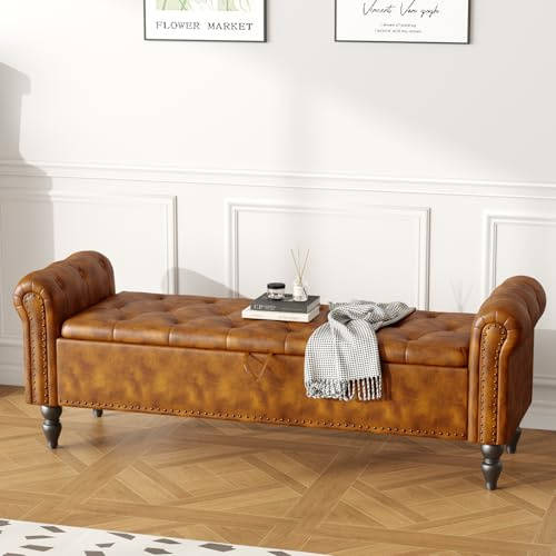 Ckaff Sitzbank mit Stauraum 160cm, Aufbewahrungsbox, Fußbank, Bettbank, Sitztruhe mit Armlehnen aus PU-Kunstleder für Wohnzimmer Schlafzimmer Flur, Braun