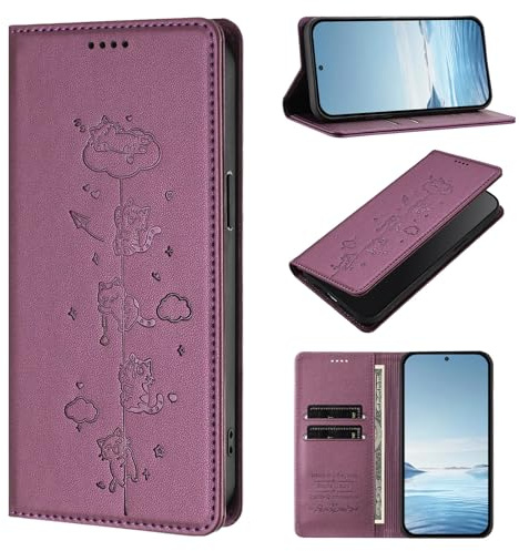 BEENTRYS Cuero PU Funda para Motorola Moto E20 / E30 / E40 Funda,Carino Gato Cartera con Tapa Ranuras para Tarjetas Soporte Magnético Flip Case Protección RFID Antigolpes Carcasa-Moradooscuro