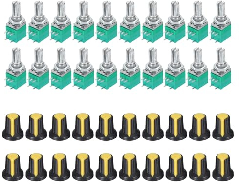 QUARKZMAN 20 Stück B100K Ohm Potentiometer Mit Schalter Schwarz/Gelb | 5 Pin Variable Widerstände, Drehpotentiometer Set, Einfache Lineare Drehung, Mit Drehknopf
