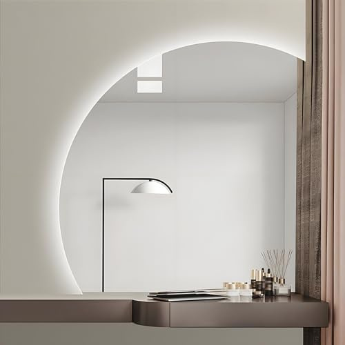 Specchio da bagno intelligente a LED da 28, 32, 36, 40, dimmerabile in 3 colori, retroilluminato antiappannamento a mezzaluna per parete, vetro temperato HD infrangibile (taglio inferiore sinistr