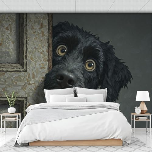 Papel Pintado Panorámico Fotomurales 250X175Cm - Papel Pintado Fotográfico Puerta Madera Antigua Perro Pintura Óleo Animales Vintage Murales Negro Gris Póster Niños Juvenil Salón Dormitorio Decoración