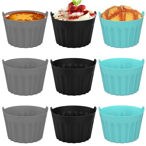 Kinesgsg 9 Pièces Moules Cupcake Air Fryer Antiadhésif, 8 X 5 cm Réutilisable Moule Muffin Fryer, Fryers Silicone Muffin, Moules Silicone, pour Cupcakes, Puddings, Soufflé, Différentes Couleurs