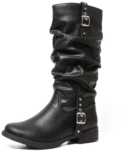 Slouchy rynkade knähöga stövlar för kvinnor platta western cowboy ridstövlar