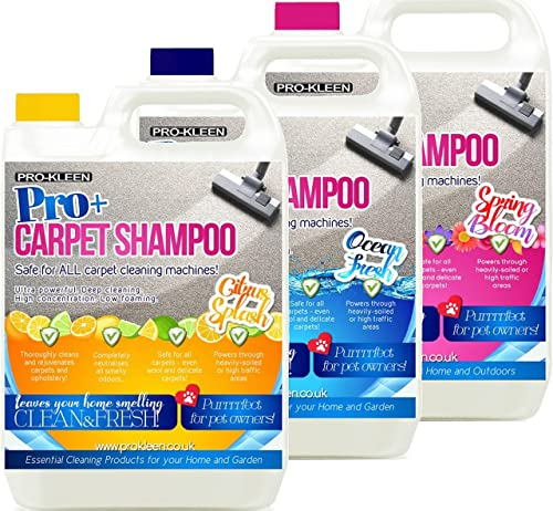 Pro-Kleen Pro+ Carpet and Upholstery Cleaning Solution 3 x 5L – 4 in 1 Concentrate Carpet Shampoo – Suitable for all Machines 5L of Ocean fresh, Citrus and Spring Bloom