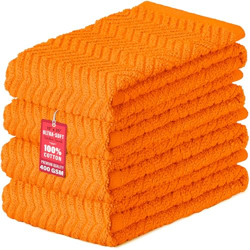 DecorRack 100% Cotton Kitchen Towels, 15 x 25 Absorbent Dish Towels [Premium Quality 400 GSM] Orange (Pack of 4)