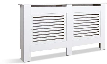 Mondeer Radiator Cover, Large, White, W152 x D19 x H82 cm | MDF Cabinet Modern Horizontal Slat Design for Living Room Bedroom Hallway