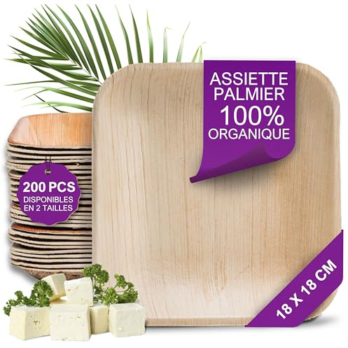 Waipur Assiette Jetable en Feuille de Palmier - 200 pcs. Carrées 18x18 cm - Vaisselle Naturelle et Élégante - Chic, Résistante et au Design Unique -Parfaite pour Fêtes et Événements