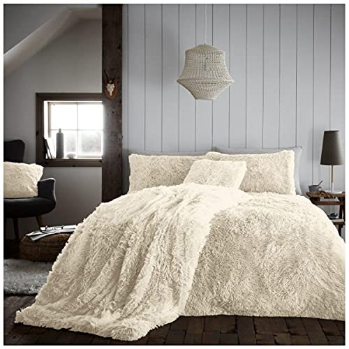 GC GAVENO CAVAILIA Hug & Snug Fluffy Fur Fleece King Size Duvet Cover Sets, Thermal Warm Long Pile Shaggy Faur Fur Bedding Sets With Matching Pillowcases, Cream